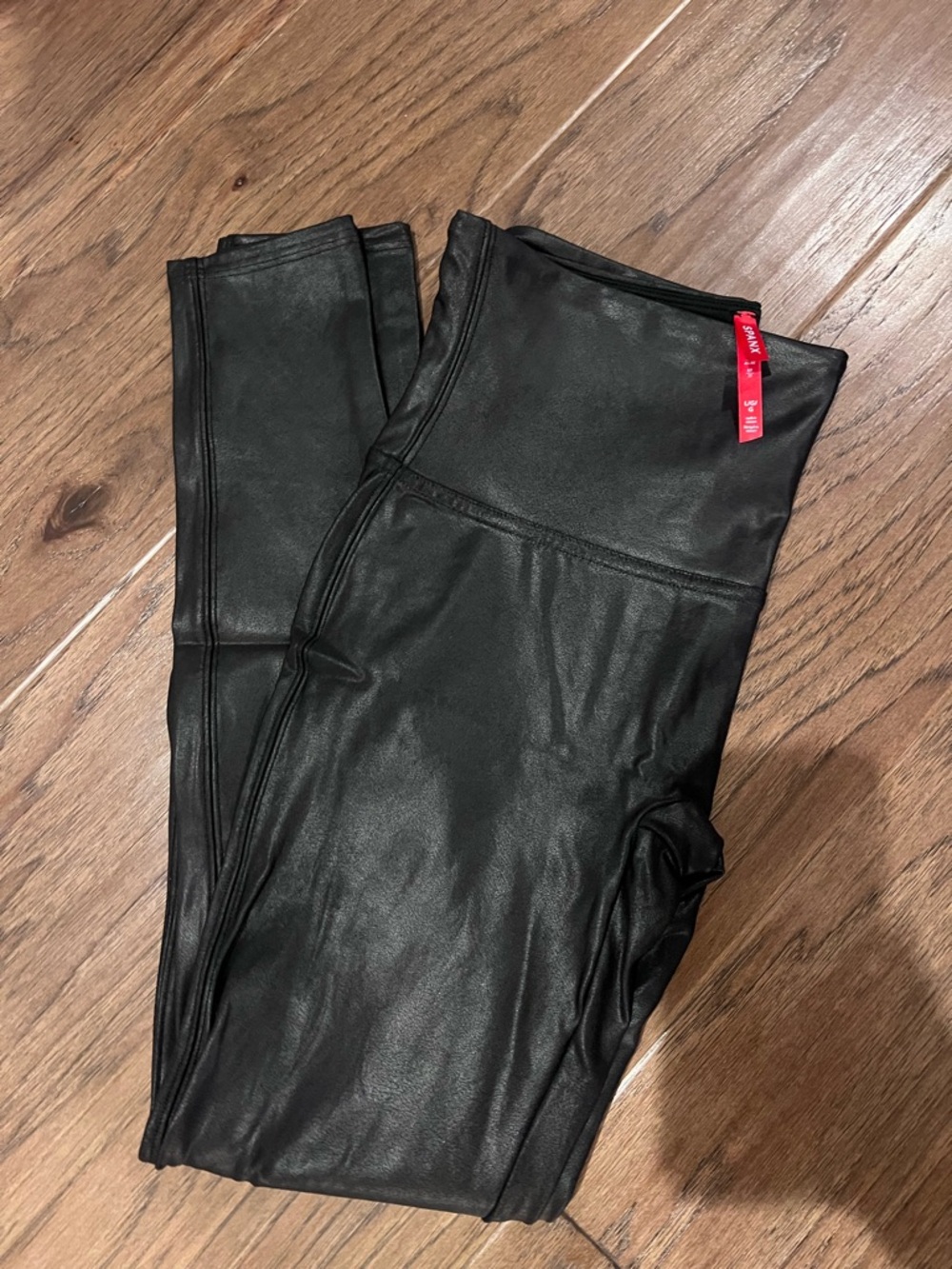 SPANX Black Faux Leather Leggings with Red Size Tag
